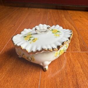 Porcelain Trinket Box Footed Hand Painted With Flowers Ruffled Lid Marked White.